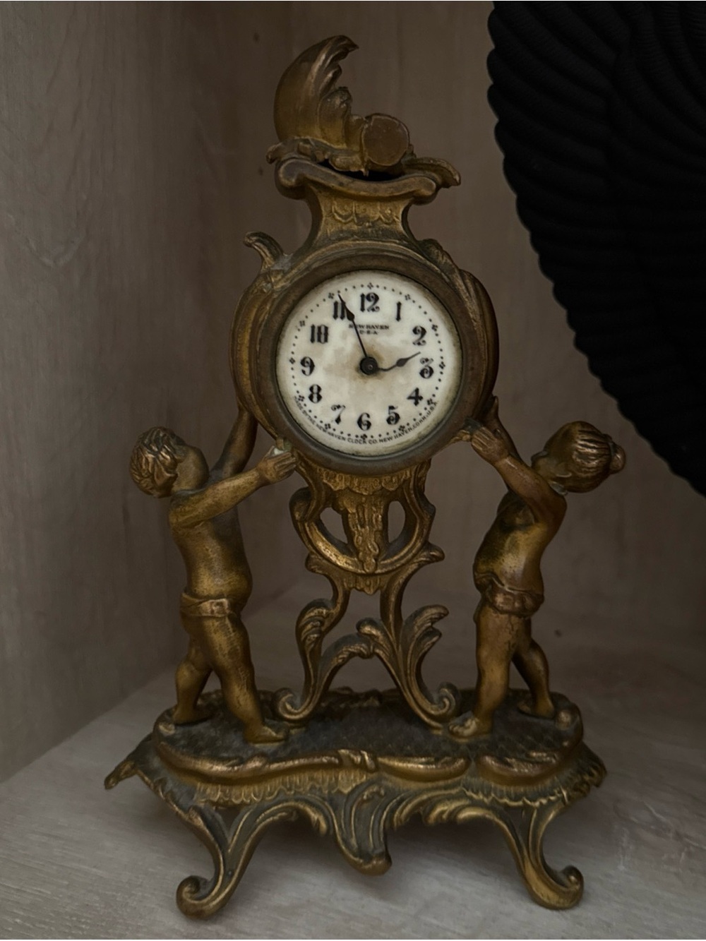 New Haven Cherub Clock Antique Bronze 19th Century Gilded Victorian Mantle